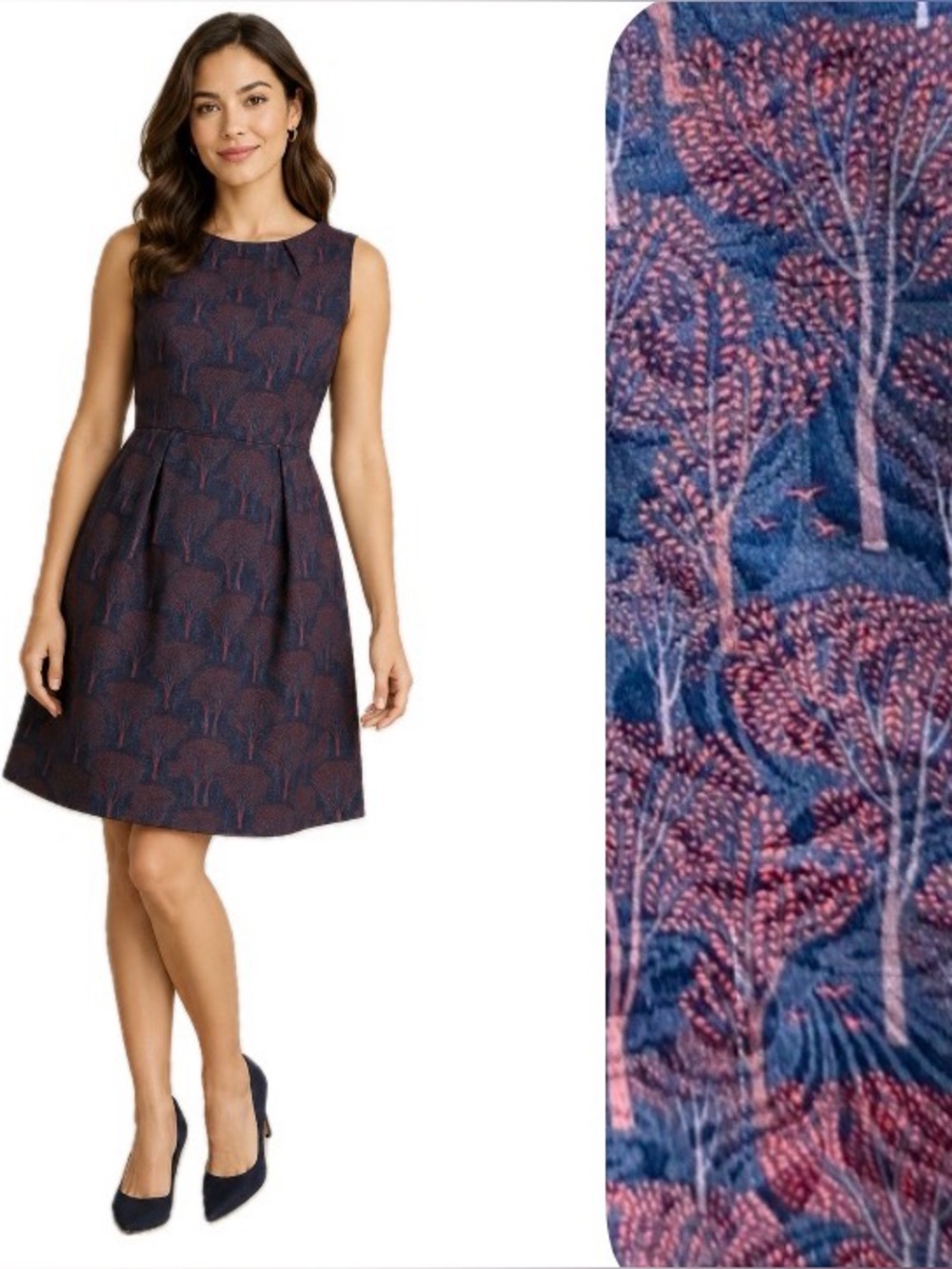 Sm Wardrobe, NWT Elegant Navy and Red Tree Patterned Dress, Size L